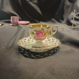 SKU 813D Vintage Footed Royal Ashley Gold Teacup And Saucer With Gilded Inside
